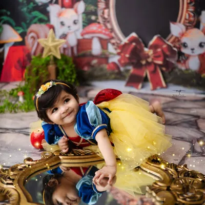 Our little Snow White finds her reflection in the magic mirror. This enchanting woodland setup, complete with forest creatures, brings the classic fairytale to life.