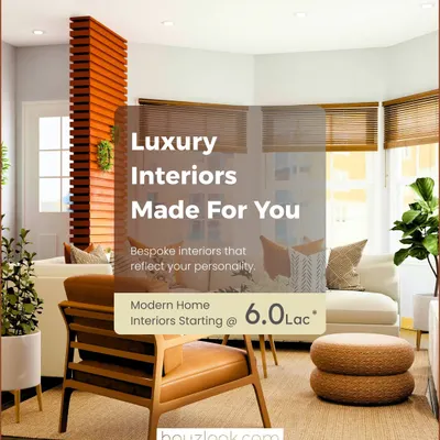 Luxury interiors made for you. This graphic showcases a modern living room with warm wood furniture and natural light, emphasizing that our bespoke designs start at an accessible price point.