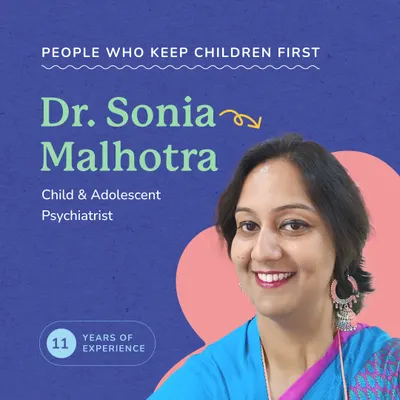 Meet Dr. Sonia Malhotra, a dedicated child and adolescent psychiatrist with over 11 years of experience. She is passionate about designing tailored interventions that involve a child’s entire ecosystem for well-rounded growth.