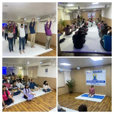 A collage from our International Yoga Day event at Uflex company. We practiced standing asanas, seated postures, and relaxation techniques suitable for the office environment.