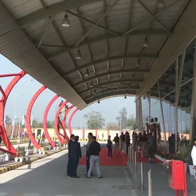 The entrance to the Rohini Heliport in Delhi, a project we are proud to have designed. The prominent red sculptural elements create a distinct visual identity for India's first integrated heliport, welcoming passengers to a state-of-the-art facility.