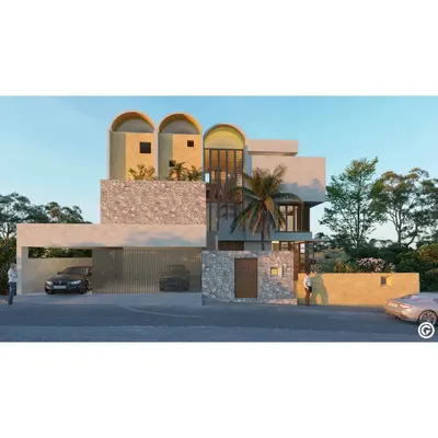 This rendering shows the full exterior concept. The design grounds itself with heavy stone walls and a solid base, while the upper floors feature lighter, vaulted forms that give the home its unique contemporary-vernacular character.
