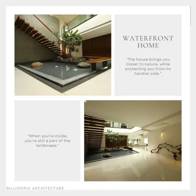 A collage of our "Waterfront Home" project, featured in Architectural Digest. The design philosophy was to create an interior that feels like a part of the landscape, protecting from the elements while embracing the view.