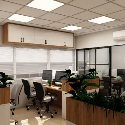 A bright, modern open-office concept featuring clean lines, ample natural light, and wooden planters that act as natural dividers between workstations. This design promotes a healthy and collaborative atmosphere.