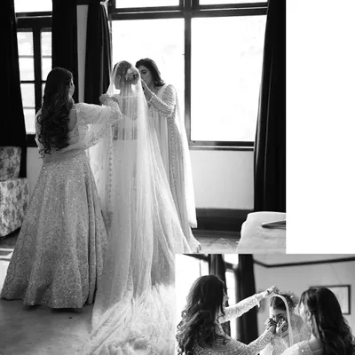 A black and white collage of the bride getting ready, with her bridesmaids helping with her veil. It's a timeless and emotional moment of friendship and support.