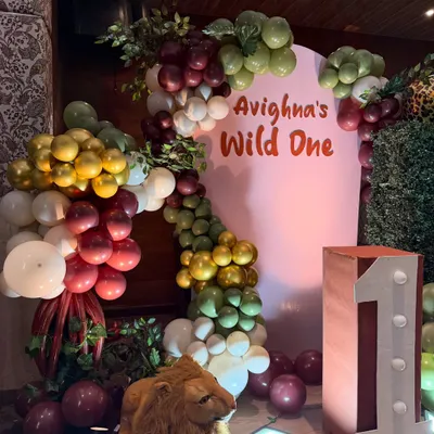A 'Wild One' first birthday party comes to life with a custom backdrop, themed balloon garlands, and safari animal props. We specialize in bringing popular kids' party themes to life with creative and detailed setups.