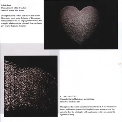 This page from a catalogue details two of my marble works. 'Love', a heart-shaped sculpture, and 'Untitled', an abstract piece, are both made from marble blast stones, exploring emotion and form through recycled stone.