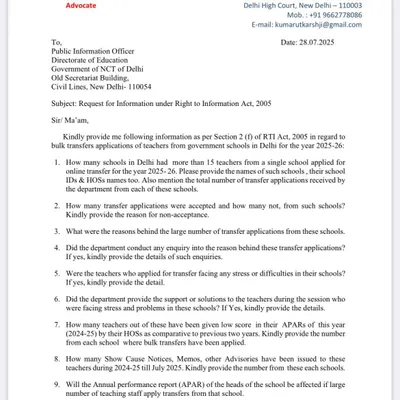 This is a Right to Information (RTI) application I filed to investigate the reasons behind bulk transfer requests by teachers in Delhi government schools. Using legal tools like RTI is the first step to uncovering systemic problems.