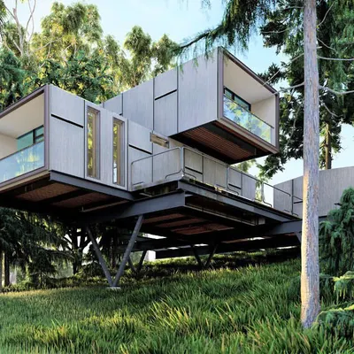 A conceptual design for a 'jungle house' on stilts. This visualization explores how modern, modular architecture can be elevated to coexist with a dense forest environment.