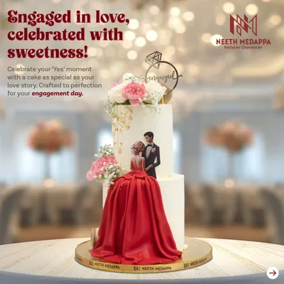 Engaged in love, celebrated with sweetness. This stunning engagement cake features a custom illustration of the couple, with the bride's flowing red dress created from sugar. It's a perfect example of how I tell your love story through cake.