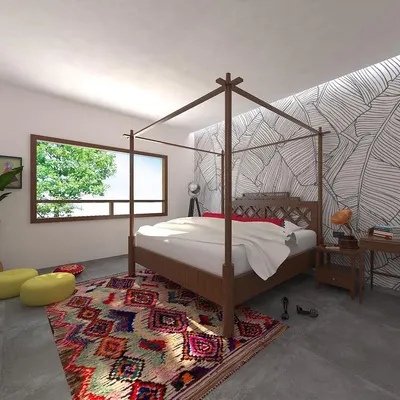 This master bedroom concept was designed for a couple who wanted a space reflecting Indian ethnicity without fancy materials. The room features a classic four poster bed, concrete flooring, and a tropical-themed wall illustration, creating a bohemian and personal sanctuary.