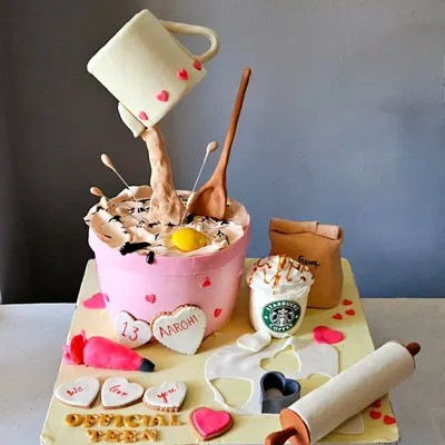 This gravity-defying cake was a dream to make for a young baker's 13th birthday. The floating mug appears to pour coffee into the cake mix, complete with a cracked egg and baking tools, all handcrafted and edible.