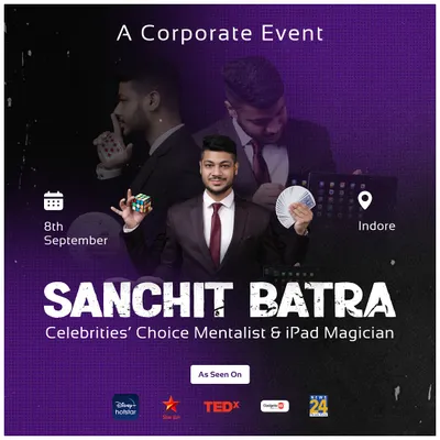This poster was for a corporate event in Indore. I regularly perform at high-stakes corporate functions, providing entertainment that is both professional and mind-blowing for executives and clients.