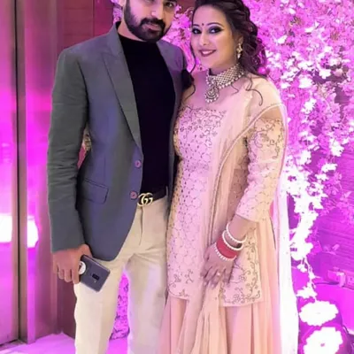 This happy client chose a peach sharara set by designer Pooja Peshoria for her event. The light color and delicate embroidery make it a graceful and stylish option.