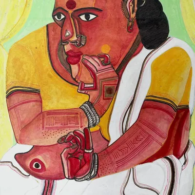 This is an early work by T. Vaikuntam, a gouache on paper from 1988, titled 'Untitled (Lady)'. Vaikuntam draws inspiration from his rural roots in Telangana, using vibrant, primary hues to depict his subjects with a distinctive theatricality. This piece, from an international collection, was offered for resale for the first time in our no-reserve auction.