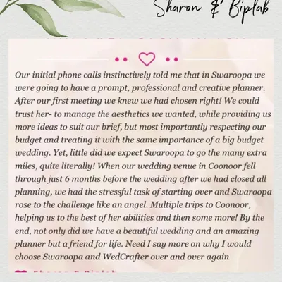 This testimonial from Sharon and Biplab means the world to me. Knowing I could solve problems and deliver a beautiful wedding, all while building a lasting friendship, is the core of why I love my job. ❤️