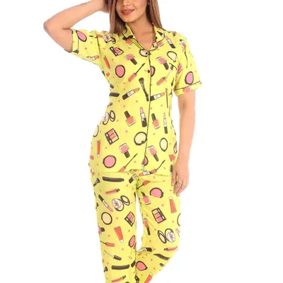 For all the makeup lovers, I designed this vibrant yellow set featuring lipsticks, brushes, and compacts. It's a fun, quirky print that adds a pop of color and personality to your loungewear, made from the same breathable cotton you love.