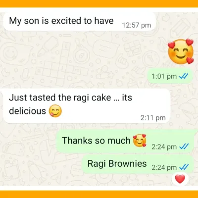 It brings me so much joy to receive messages like this. A customer sharing that her son was excited to try my bake and that she found the ragi cake delicious.