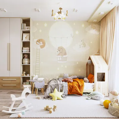 A whimsical kid's room with a charming hot-air balloon mural, a house-frame bed, and a small table for creative activities.