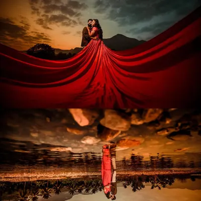 A dramatic pre-wedding portrait of Pratul and Satya. I used the bride's flowing red gown and a water reflection to create a stunning, symmetrical image that feels both epic and artistic.