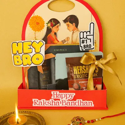 A fun and quirky Rakhi hamper for the '#1 Bro'. This gift basket features a cool illustration, Hershey's chocolates, and other treats, making it a modern way to celebrate Raksha Bandhan.