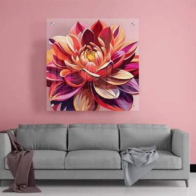 This large, vibrant floral print demonstrates how my acrylic art can become the focal point of a room. The frameless mounting on the pink wall enhances its modern, floating appearance, bringing a burst of color and sophistication to the space.