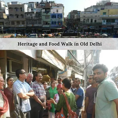 A collage announcing our Heritage and Food Walk in Old Delhi. This popular tour starts at Jama Masjid and winds through historic markets and lesser-known mosques, with delicious food stops along the way.