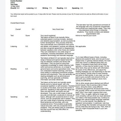 Noel Rambo's official test result shows an overall band of 8.0. His exceptional scores of 9.0 in Listening and 8.5 in Speaking highlight the effectiveness of our targeted training methods for each IELTS module.