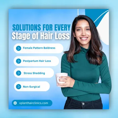 We provide specialized solutions for every type of hair loss women may face. This graphic highlights our expertise in treating female pattern baldness, postpartum hair loss, and stress-related shedding with effective non-surgical options.