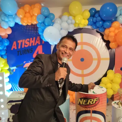 Ready for action at a Nerf-themed 4th birthday party. As the emcee, I make sure the activities match the theme and keep the kids engaged and excited throughout the event.