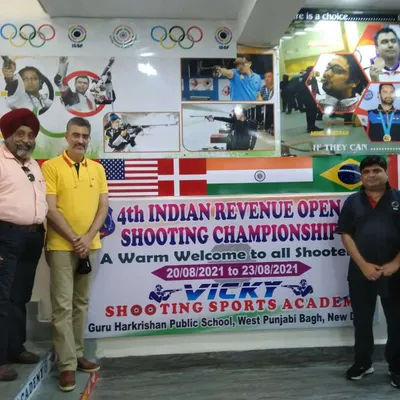 The official welcome banner for the 4th Indian Revenue Open Shooting Championship, an event I proudly organized and hosted at my academy.