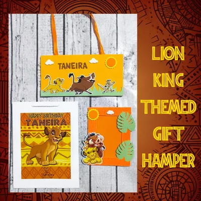 This Lion King-themed gift hamper features a personalized nameplate and a photo frame, all beautifully presented in a custom paper bag.