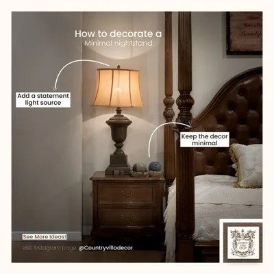 This image offers a simple tip for elegant bedside styling. A statement table lamp on a classic wooden nightstand beside my tufted leather four-poster bed creates a minimal yet sophisticated and cozy corner.