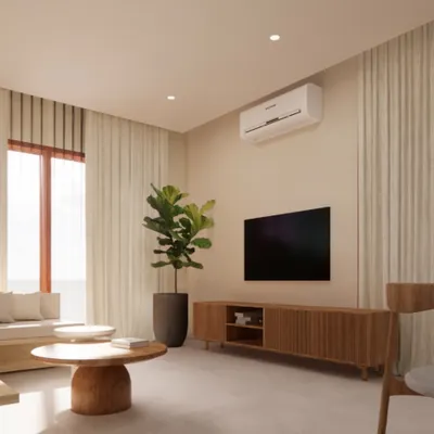 This living room from a Japandi-style villa uses a clean layout with a simple wooden media unit and a large fiddle-leaf fig plant to add life. The design prioritizes minimalism and natural light to create a peaceful and inviting atmosphere.