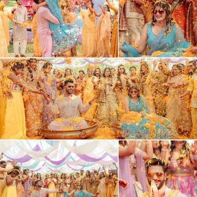 A vibrant collage from a 'pastel carnival' Haldi, showing the couple being showered with flower petals and turmeric in a joyous celebration with loved ones.
