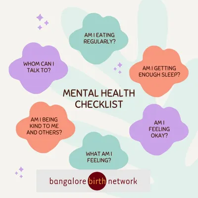 Here is a simple mental health checklist for new and expecting moms. Asking yourself these small questions daily can help you stay in tune with your needs. Are you eating? Sleeping? Feeling okay? It's important to check in with yourself.