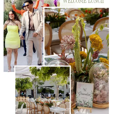 A collage from a destination pre-wedding in Bahrain, showing the welcome lunch setup and the couple's arrival. We create a seamless and beautiful journey from the very first event.