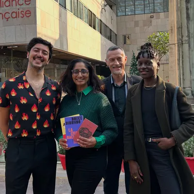 Our team with authors Douce Dibondo and Jamal Ouazzani. We are thrilled to collaborate with inspiring voices from the Queer Muslim Project and add their works to our library.