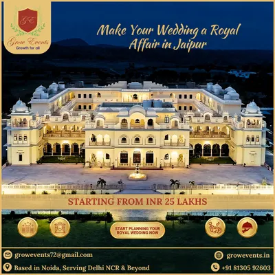 Make your wedding a royal affair in Jaipur. We offer packages starting from INR 25 lakhs to plan your celebration in a majestic palace, handling everything from the venue to the vendors for a truly regal experience.