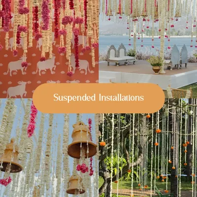 This collage showcases one of our favorite techniques: suspended floral installations. Using strings of tuberoses, marigolds, and temple bells, we create breathtaking overhead decor that transforms any space.