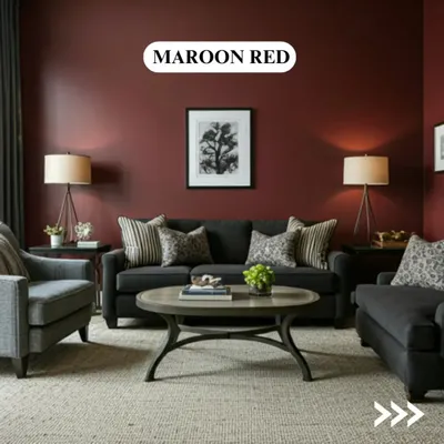 A deep maroon red creates a cozy and dramatic atmosphere in this living room. This colour is perfect for creating an intimate and luxurious space, ideal for formal living or dining areas.