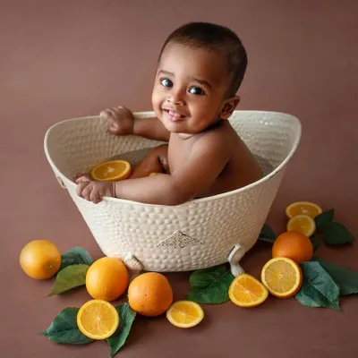 A happy little guy in his orange bath. The warm brown backdrop and bright oranges create such a beautiful, earthy color palette for this fun bath session.