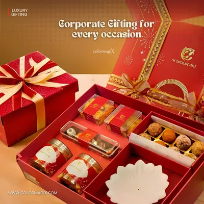 We are your trusted partner for corporate gifting on every occasion. This grand red hamper is filled with a variety of sweets, savories, and a decorative diya, perfect for making a lasting impression.