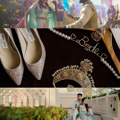 A collage from a destination wedding in Jaipur, showcasing the vibrant colors of a Holi celebration, bridal details, and a serene portrait on the steps of Indana Palace.