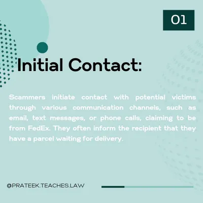 This is the first step in the 'FedEx scam' breakdown, explaining how scammers make initial contact via email, text, or phone calls. Understanding this first stage is crucial for recognizing and avoiding parcel delivery scams.