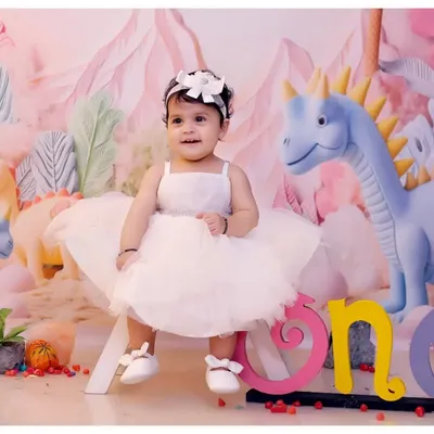 A beautiful portrait from our dinosaur-themed shoot. This setup uses a pastel color palette for a softer, more whimsical take on the theme, perfect for a first birthday.