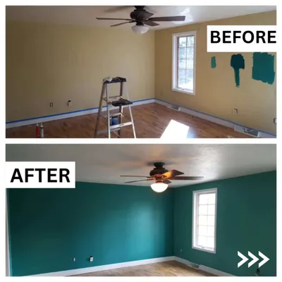 A dramatic living room makeover. We took this room from a plain yellow to a rich, deep teal, instantly adding character and depth. This kind of colour transformation is one of the quickest ways to update your home's interior style.