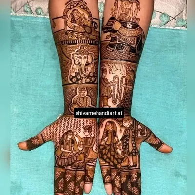 A complete wedding story told through henna, this design includes portraits of the couple, a doli scene, varmala ceremony, and a central Ganesha figure for blessings.