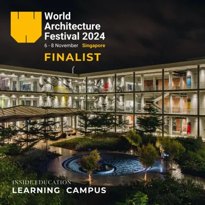 We are proud to be a finalist in the World Architecture Festival (WAF) 2024 for the Bosch Learning Campus. This night view highlights the building's transparent and interconnected design, centered around a tranquil water court.