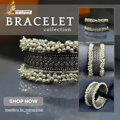 This collage shows my oxidized silver bracelet with pearl ghungroos from multiple angles. It's a versatile statement piece that you can wear alone to make a statement.